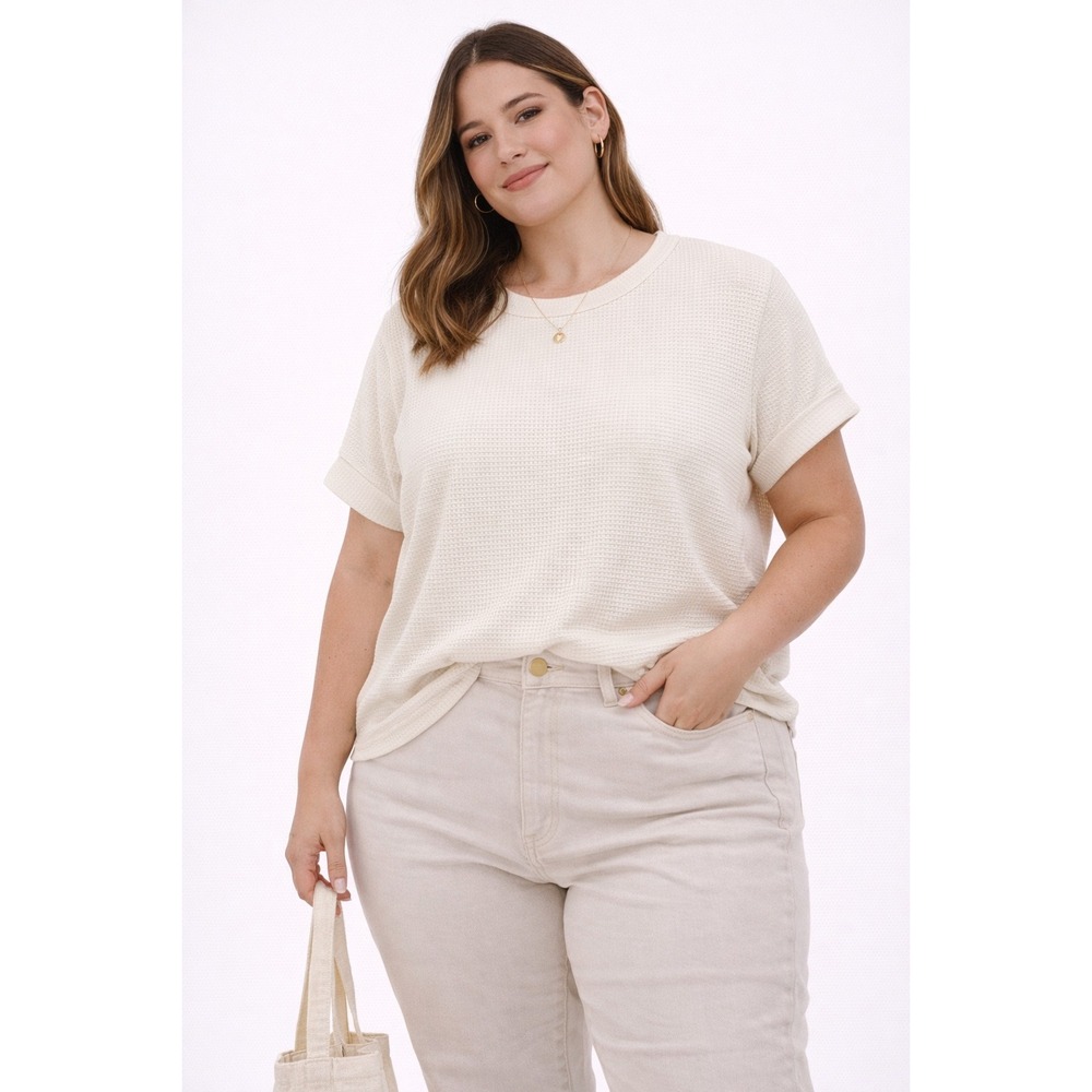 Emery Rose Textured Knit Top Womens Large Cream Waffle Short Sleeveβ Minimalist